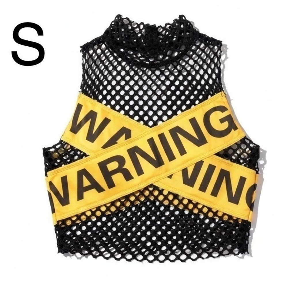 New Small Mesh "Caution" Warning Yellow Tape Crop Top Punk Grunge Retro Neon